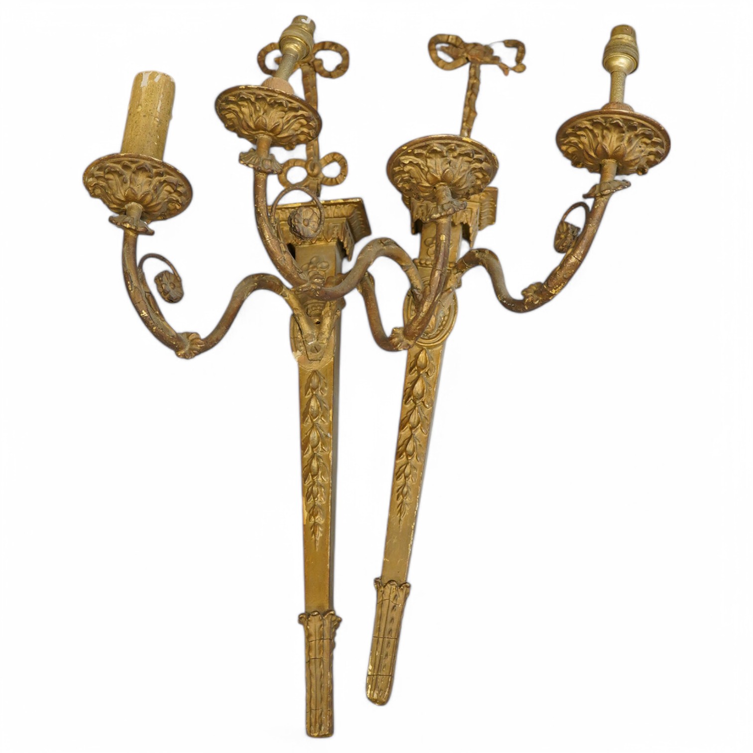 A pair of Adam style gilt two branch wall lights, 54cm high overall. Condition - poor